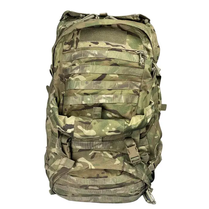 Front view of the 90L Bergen backpack displaying MOLLE webbing and main storage compartment.