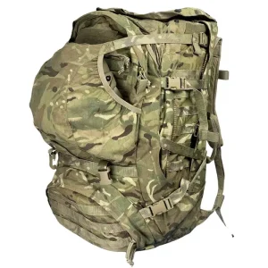 Appointment Booking for IWA Outdoor Classics and Enforce Tac 16 Side view of the British Army 90L Bergen backpack showing adjustable side straps and multiple compartments.
