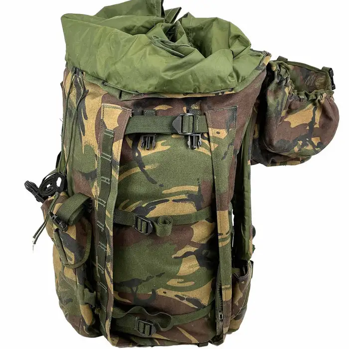British Army camo rucksack with drawstring top and side pouch