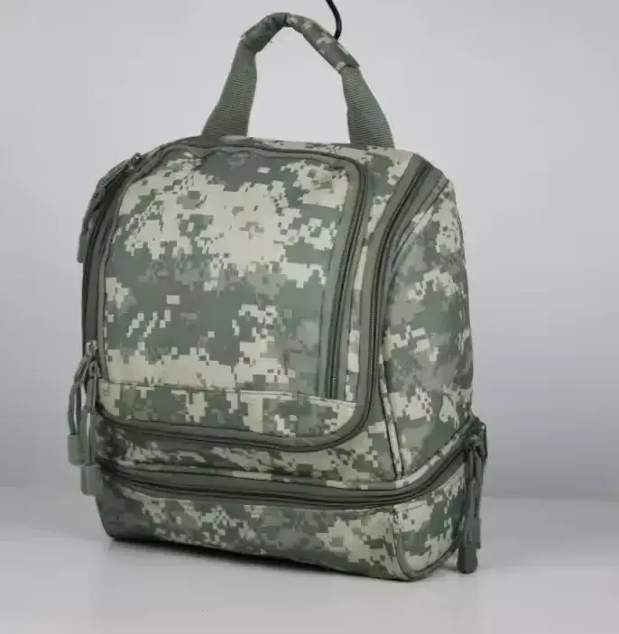 Camouflage-patterned toiletry bag with a handle and multiple zippered compartments, closed.