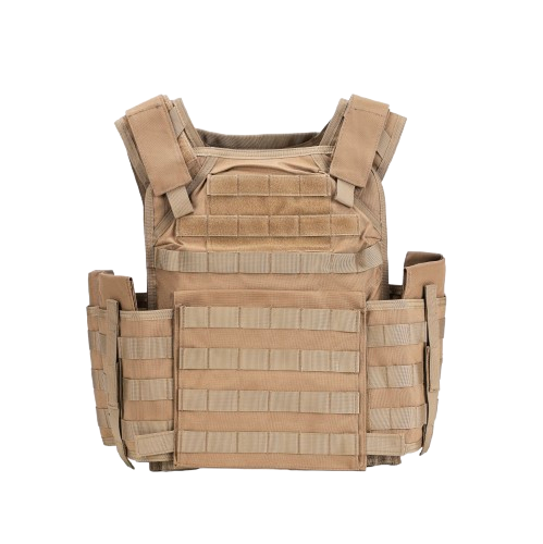 Coyote tan tactical MOLLE plate carrier vest with adjustable straps and MOLLE webbing.