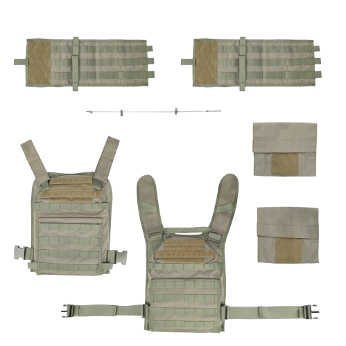 Disassembled coyote tan MOLLE plate carrier vest showing individual components and straps.