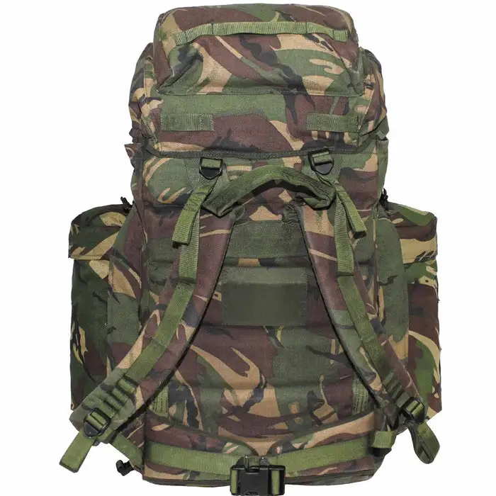 Full front view of a large British Army camouflage backpack with padded shoulder straps and twin side pouches