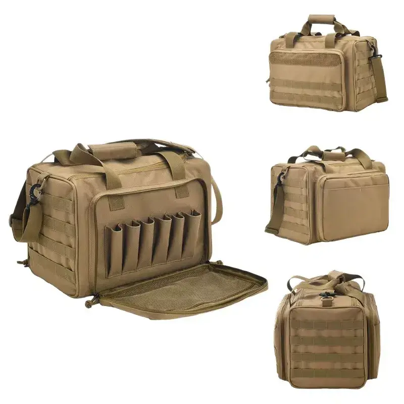 Multiple angles of a tan tactical range bag with MOLLE webbing, magazine holders, zippered compartments, and padded handles.