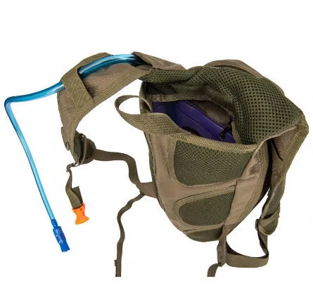 Open tactical hydration backpack showing interior and hydration reservoir with drinking tube.