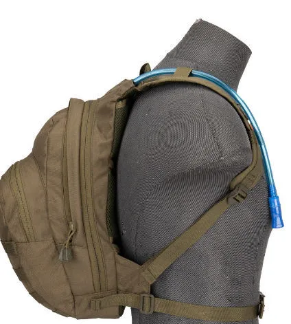 Tactical hydration backpack worn on a mannequin, showing drinking tube over shoulder strap.