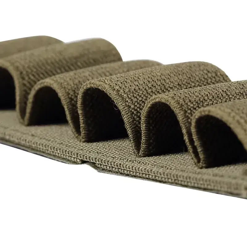 an Olive Green shotgun shell holder, highlighting the curved shell slots and durable fabric.