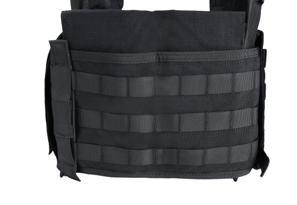 side molle webbing of a black plate carrier vest