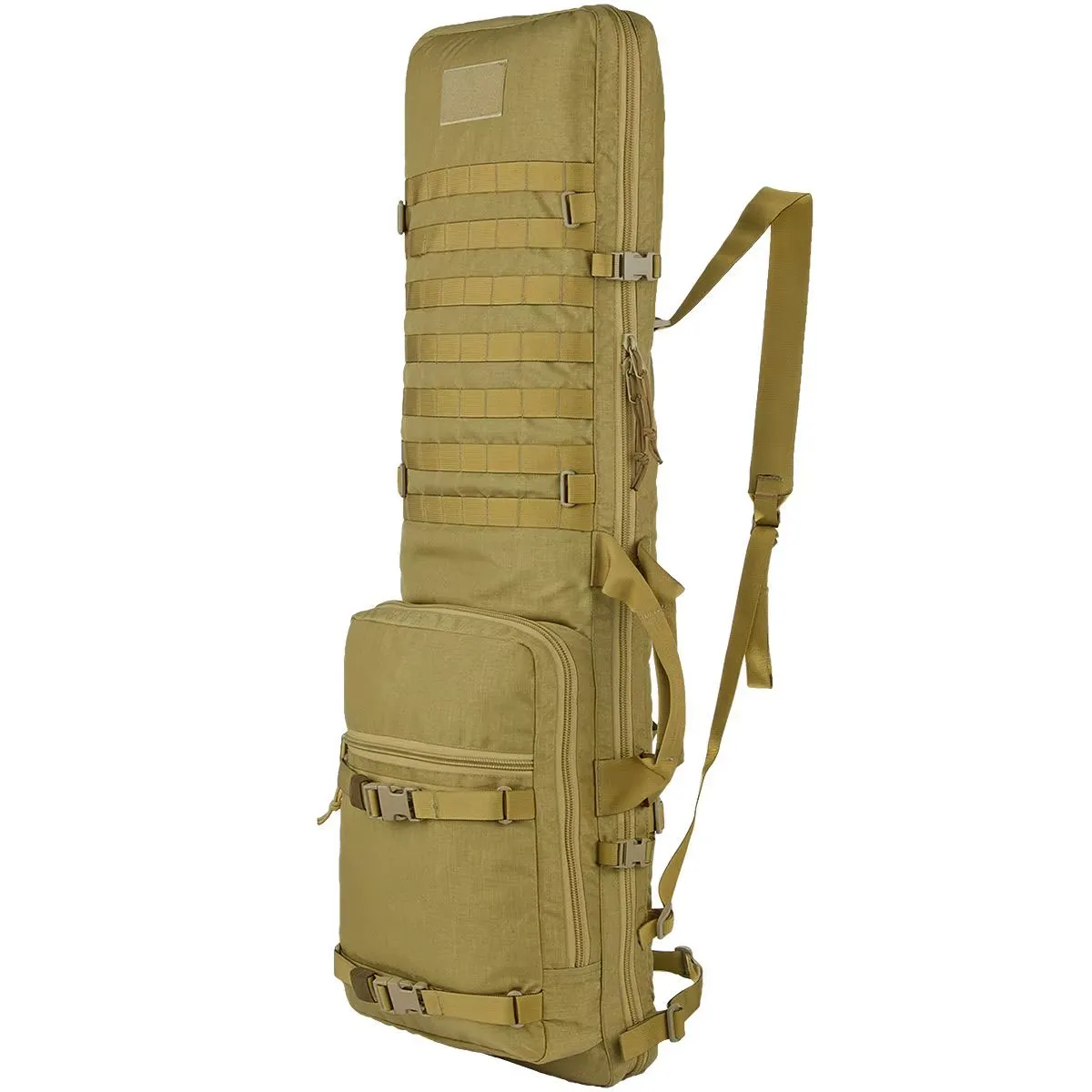 Tan tactical rifle backpack, angled side view.