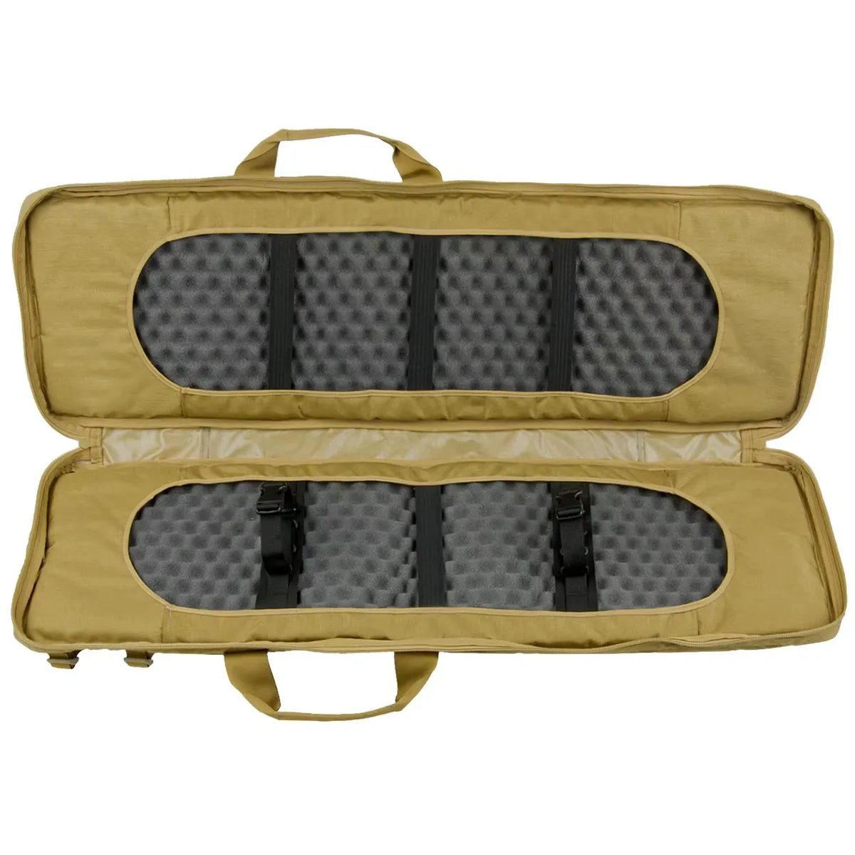 Tan tactical rifle backpack open, showing padded interior and straps.