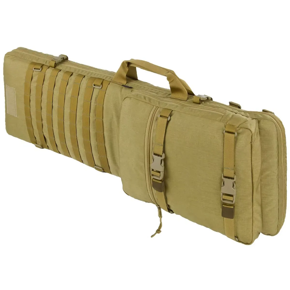 Tan tactical rifle backpack with MOLLE webbing and shoulder straps, side view.
