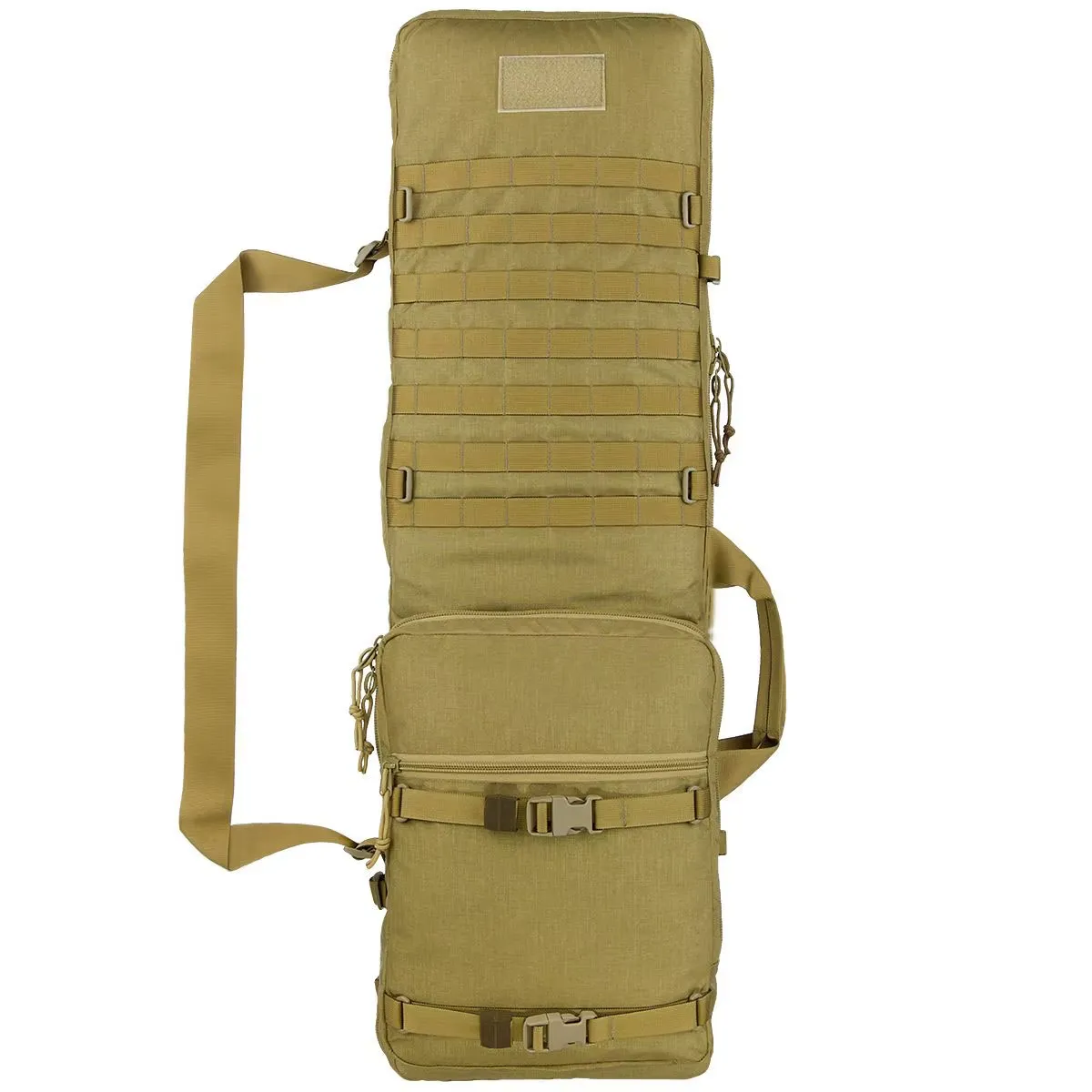 Tan tactical rifle backpack with MOLLE webbing, front view with multiple pockets.