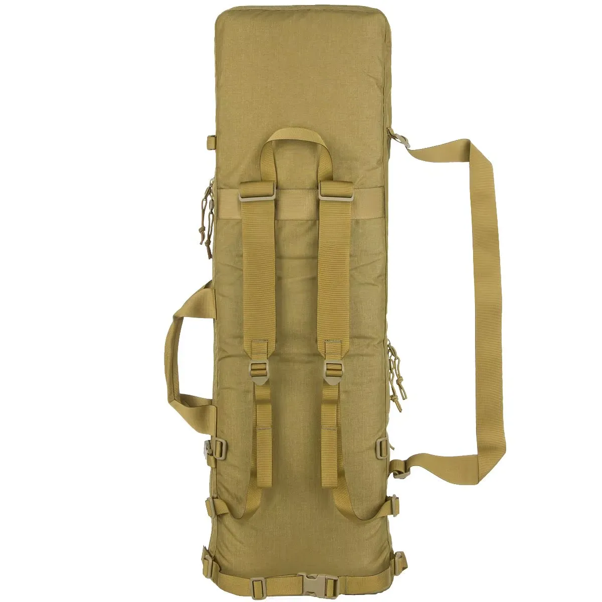 Tan tactical rifle backpack with MOLLE webbing, rear view with handles.