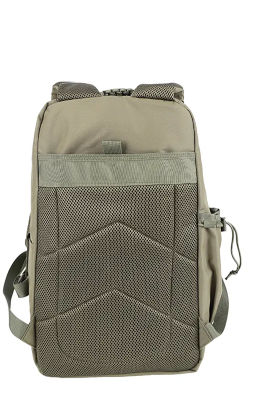 Back view of an olive green tactical backpack with mesh padding.