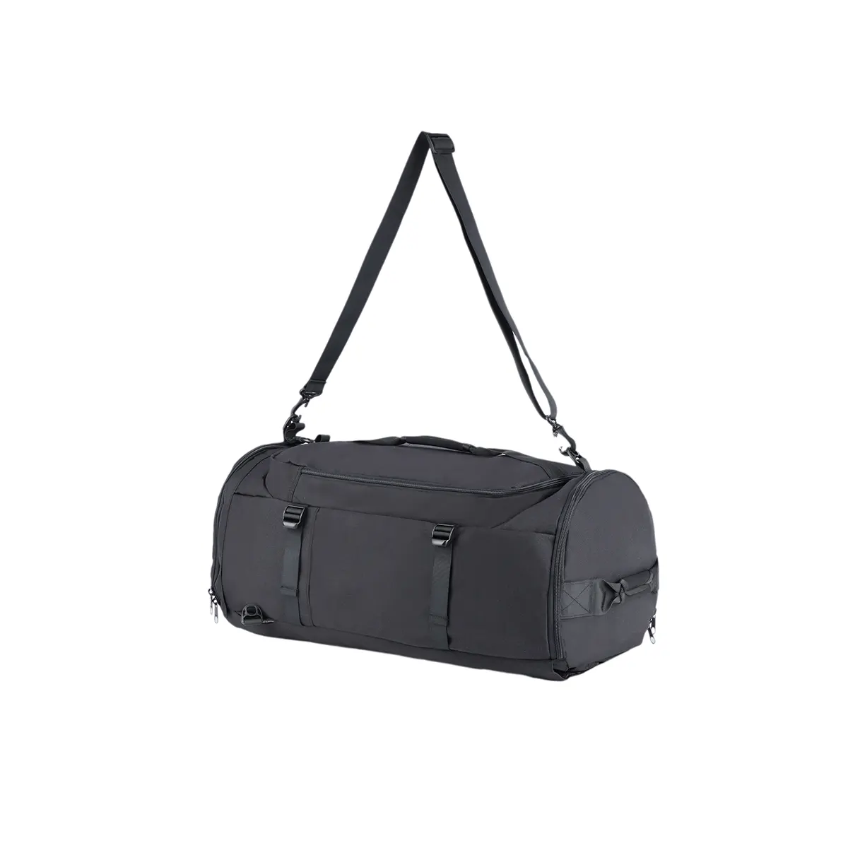 Black cylindrical duffel bag with shoulder strap and front straps.