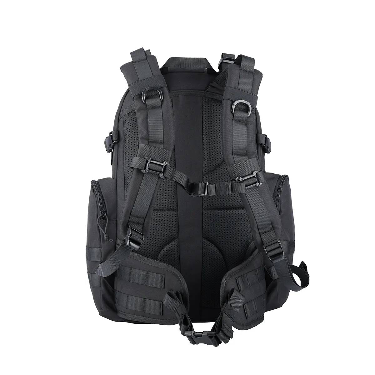 Black tactical backpack with padded back panel and adjustable straps, rear view.