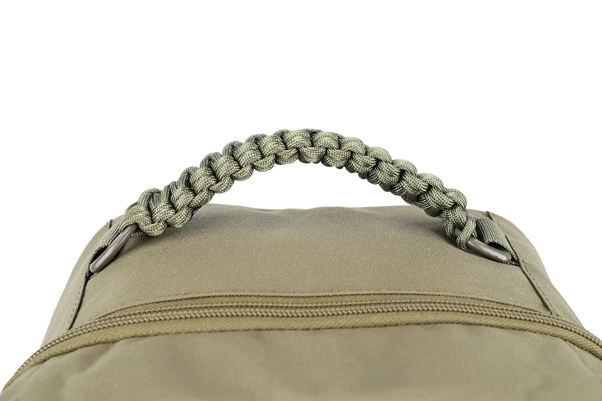 Close-up of a braided handle on an olive green tactical backpack.