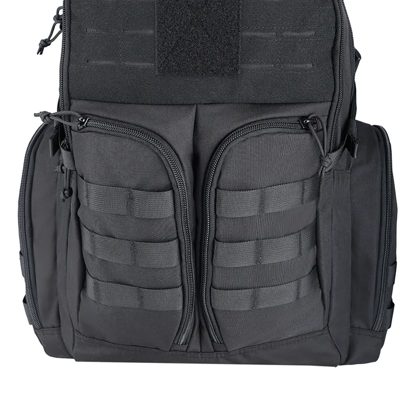 Front view of black tactical backpack with dual zippered compartments and MOLLE straps.