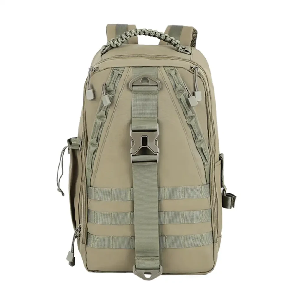 green tactical backpack with MOLLE and front buckle strap