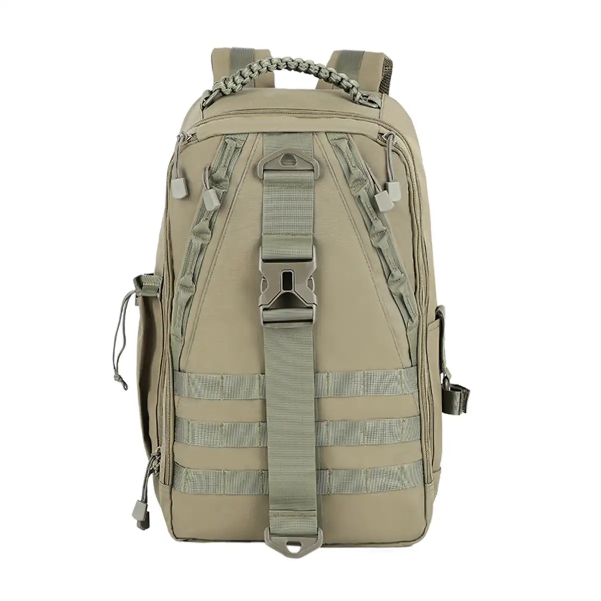 green tactical backpack with MOLLE and front buckle strap