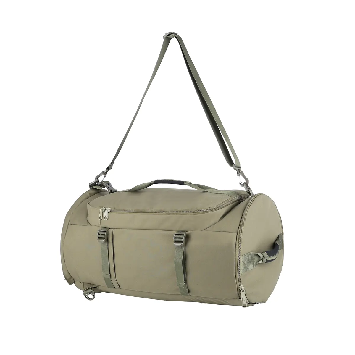 Olive green cylindrical duffel bag with shoulder strap and handles.