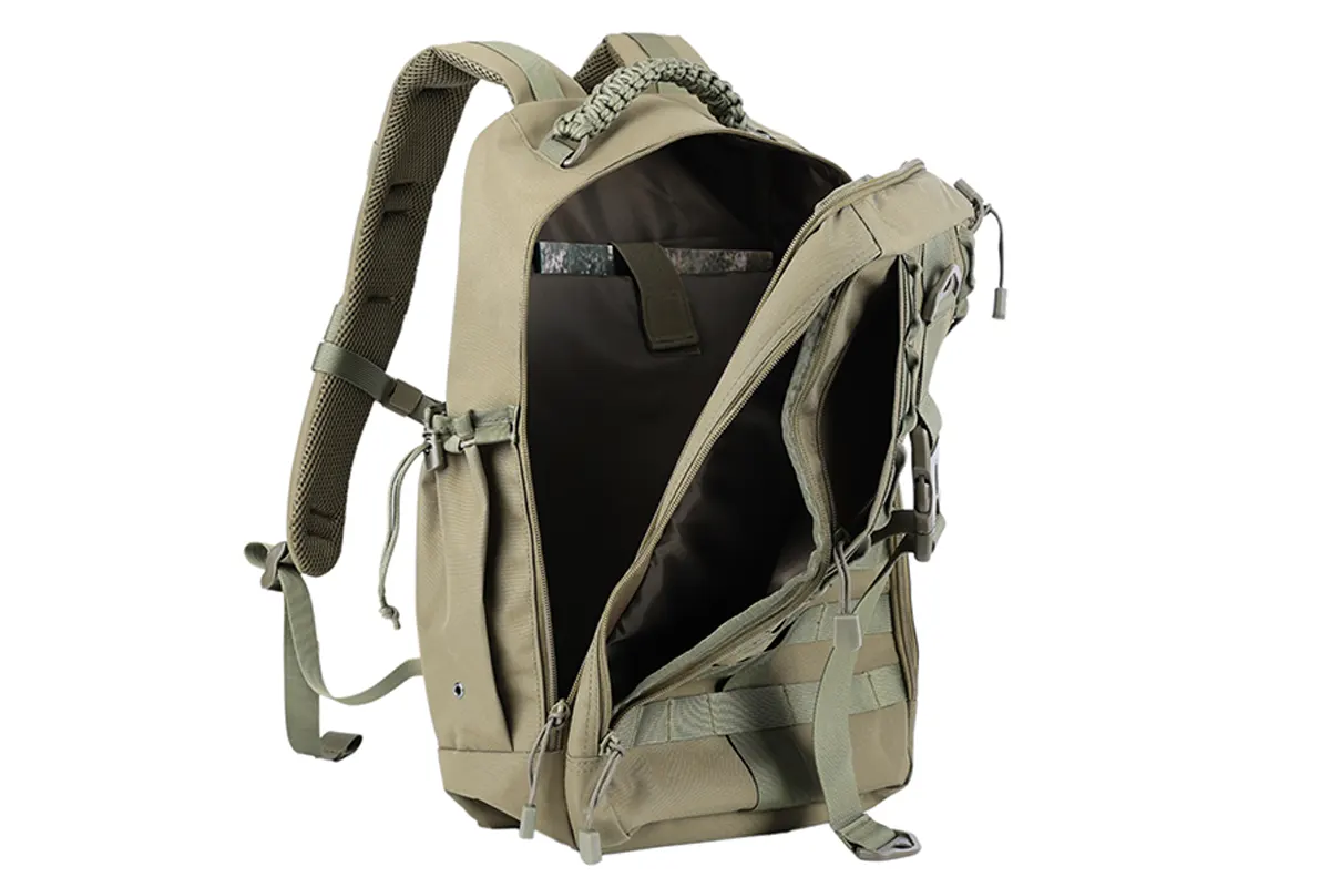 Olive green tactical backpack with the main compartment open, showing inner pockets and MOLLE webbing.
