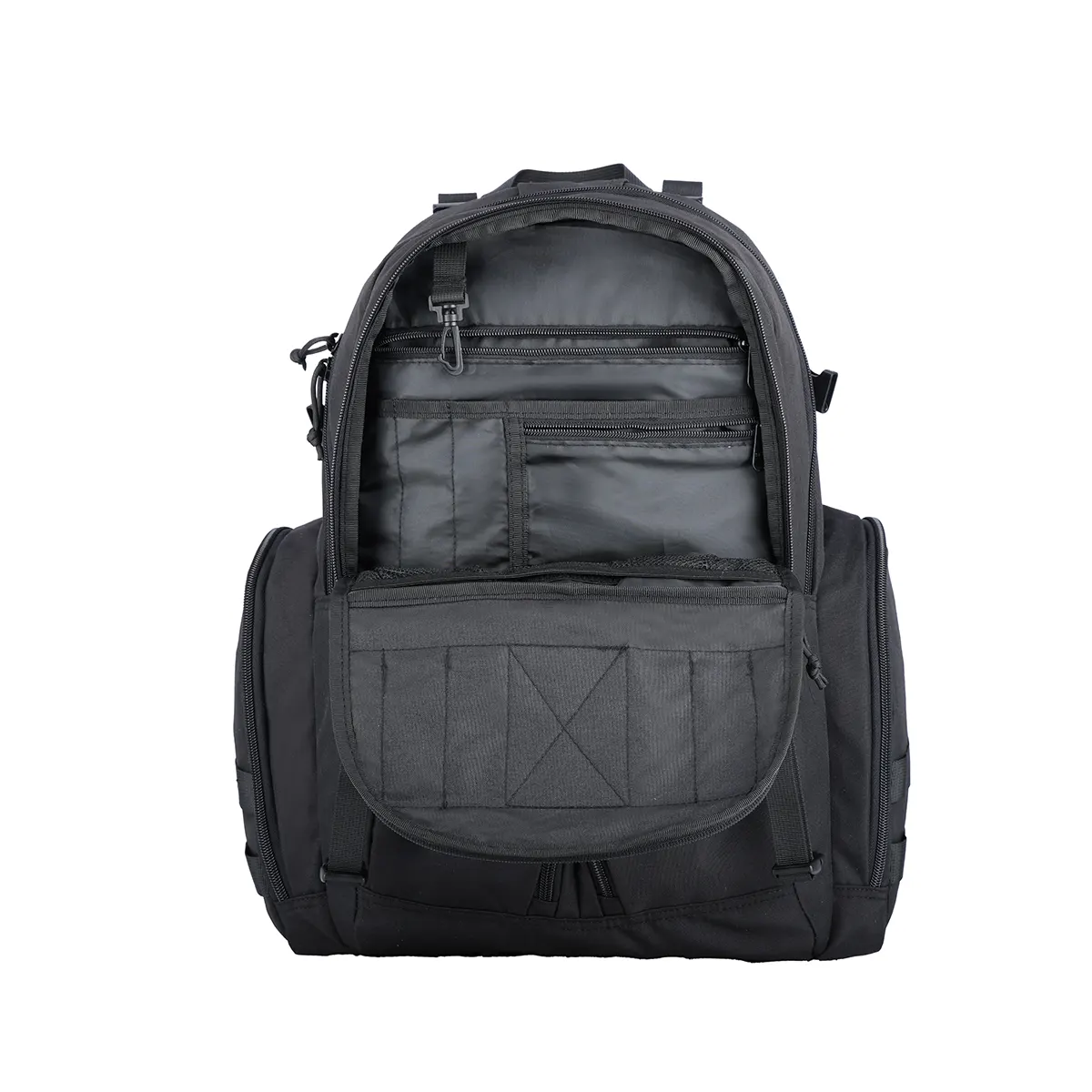 Open black tactical backpack with multiple internal pockets and a key clip