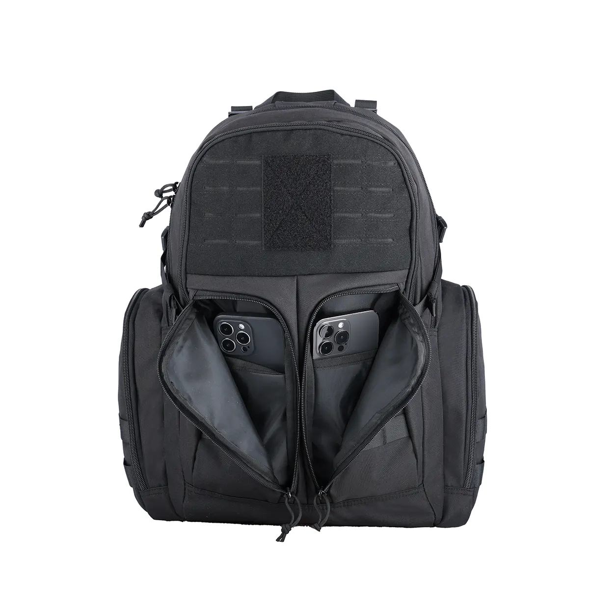 Open black tactical backpack with two smartphones in front compartments.