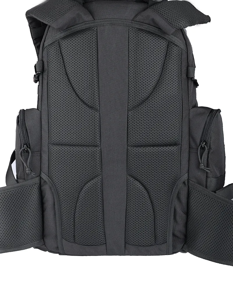 Rear view of black tactical backpack with padded mesh back panel
