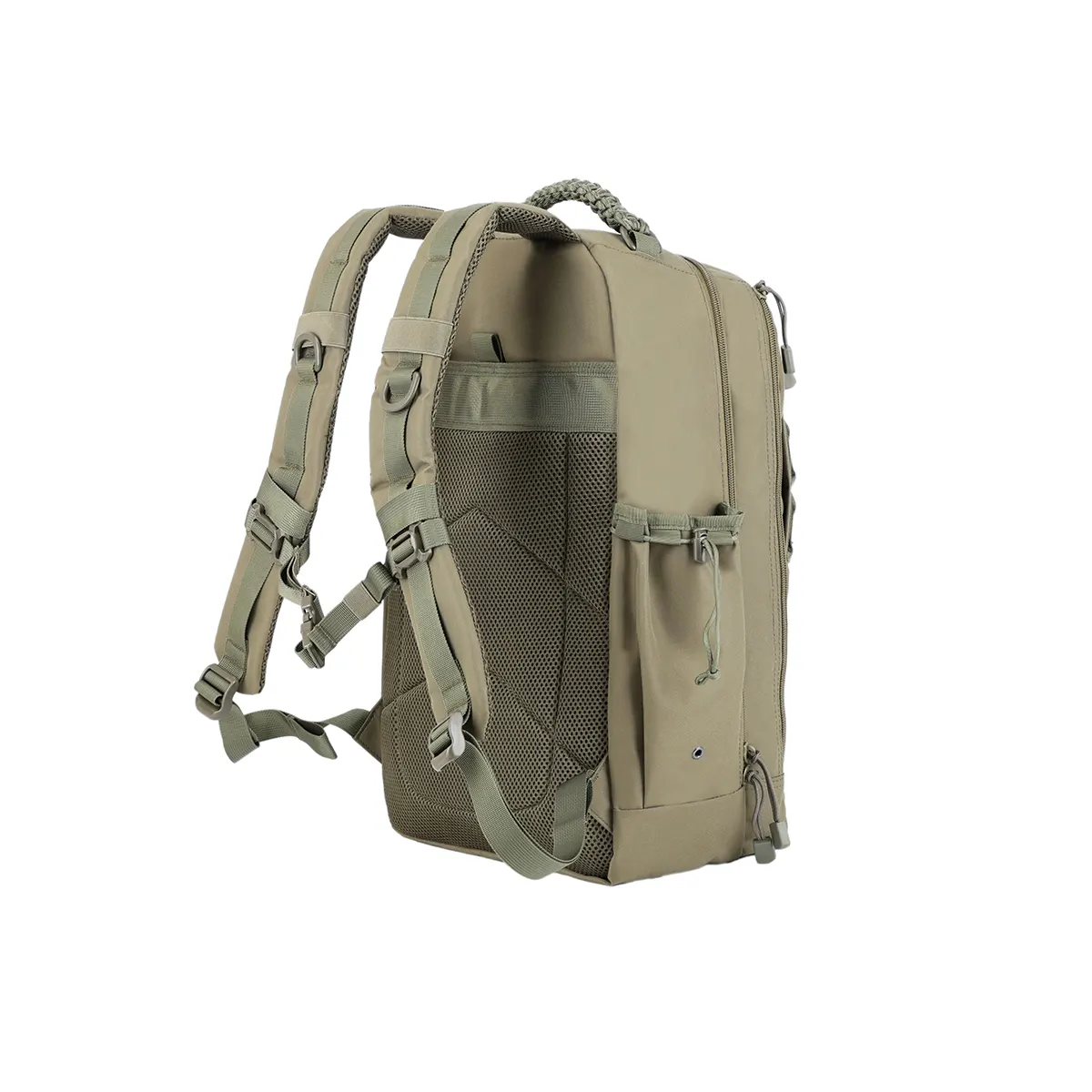 Side view of an olive green tactical backpack with shoulder straps.