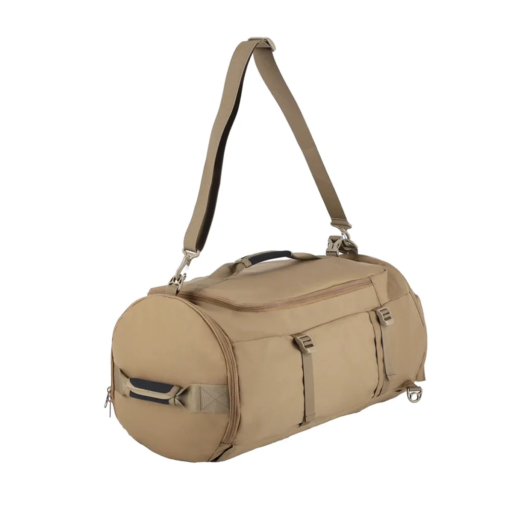 Tan cylindrical duffel bag with a single strap