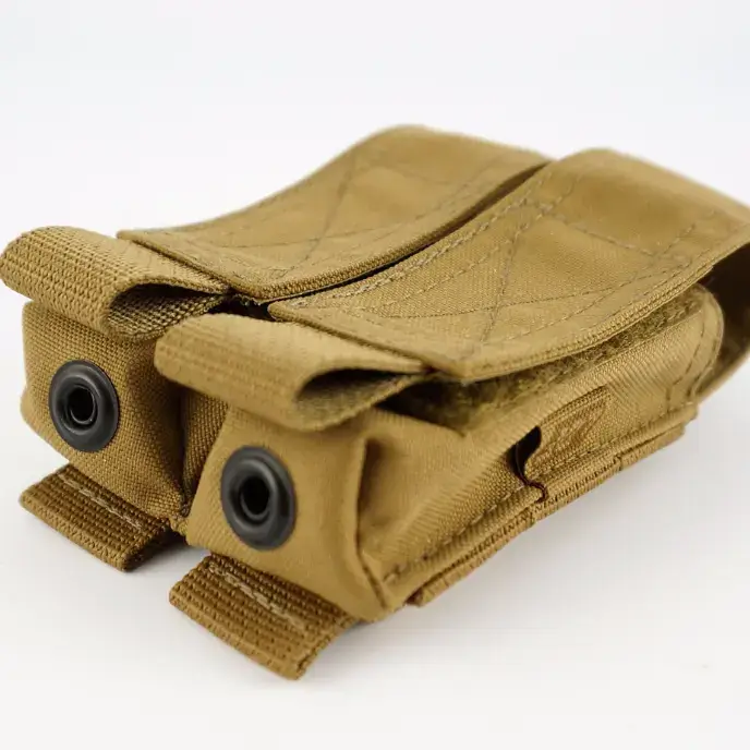 Tan tactical MOLLE pouches with Velcro closures and drainage holes