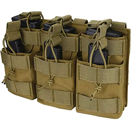 Tan triple MOLLE magazine pouch with bungee cord retention