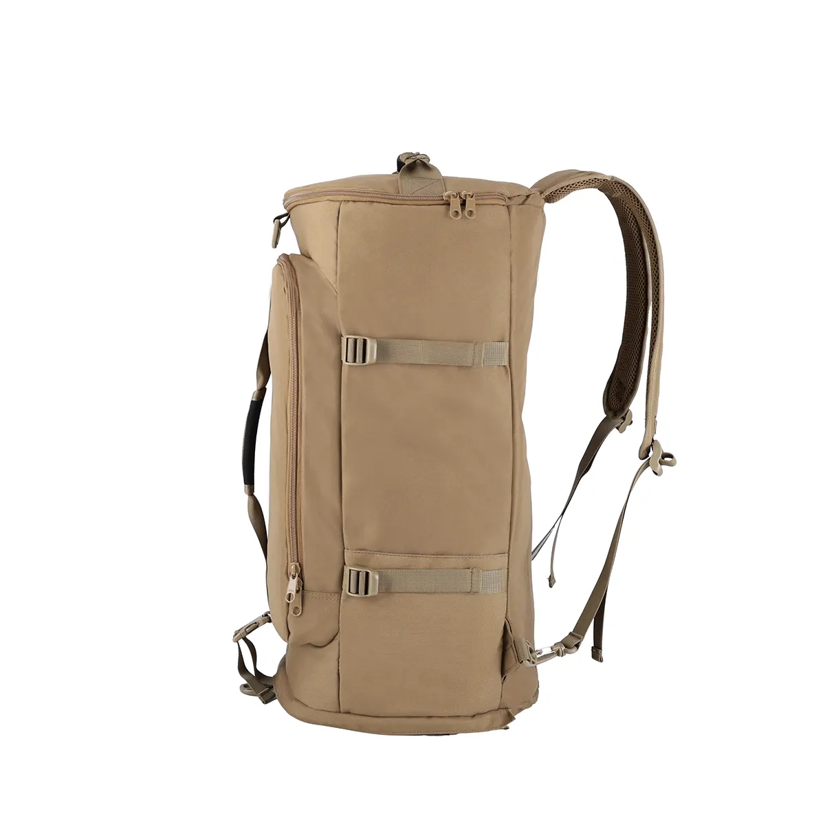 a tan cylindrical duffel bag with adjustable backpack straps.