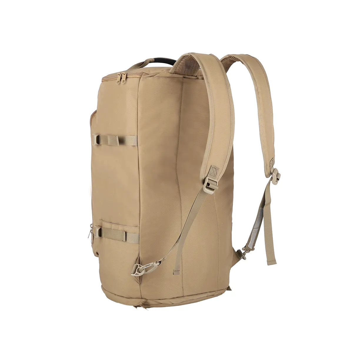 back view of a tan duffel bag