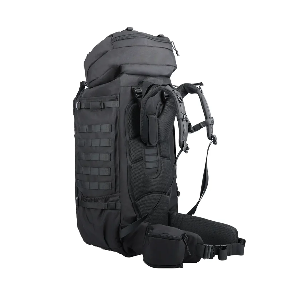 black tactical backpack with internal frame and padded straps