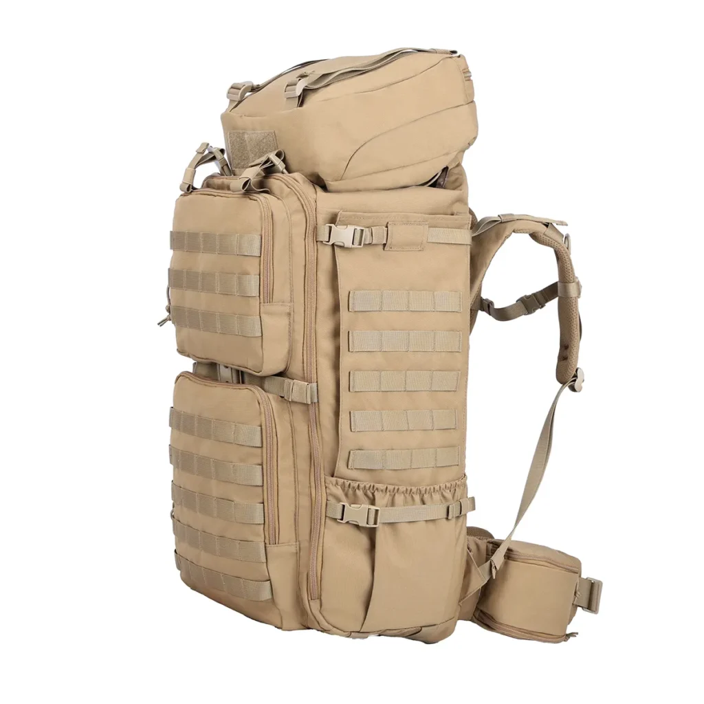 durable tan tactical backpack with MOLLE webbing and multiple compartments