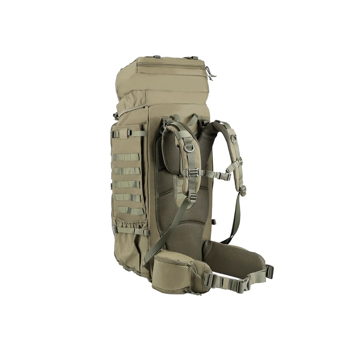 olive green tactical military rucksack with removable shouder straps and wide waist strap