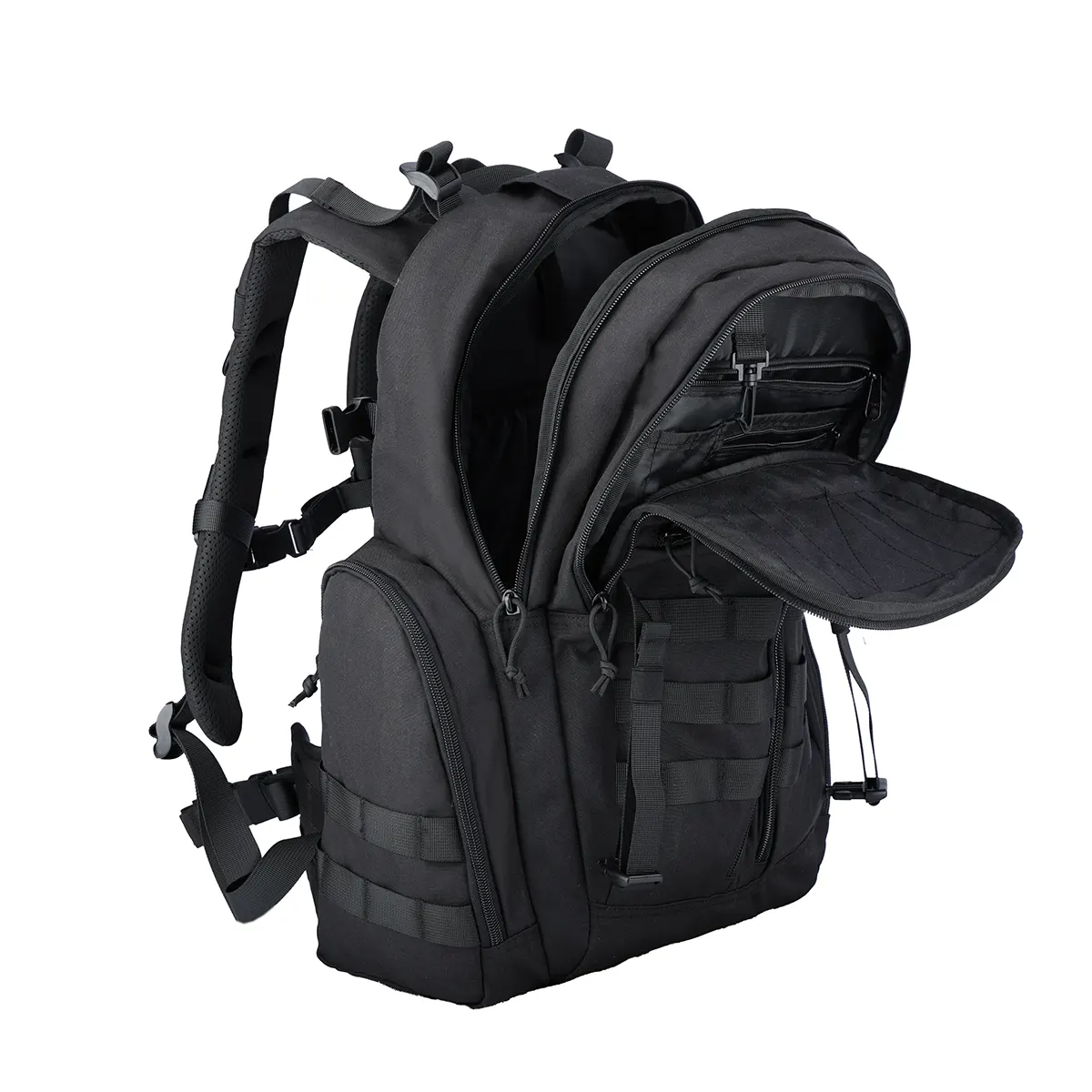 open black tactical backpack