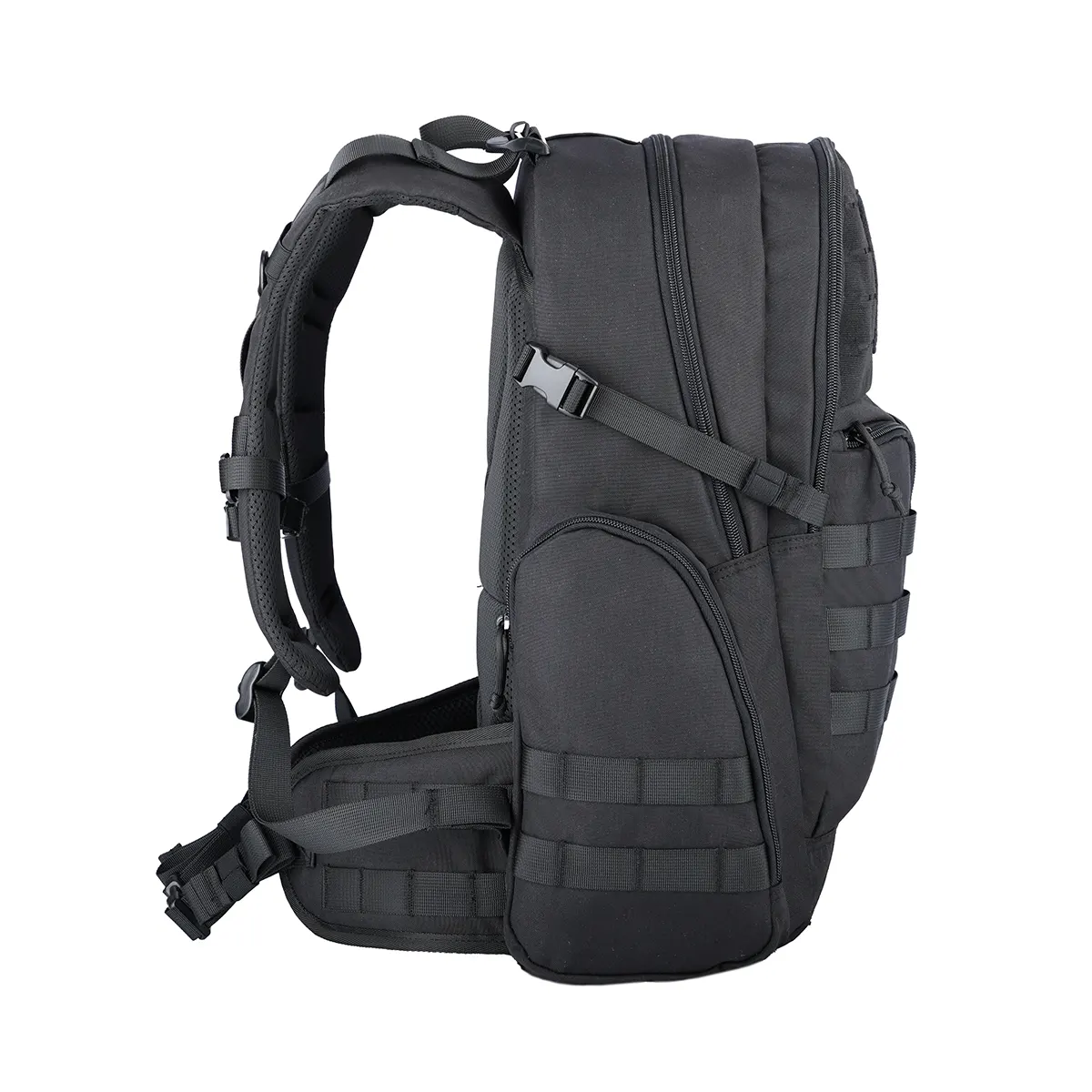 side view of black tactical bakcpack with side pockets and waist strap