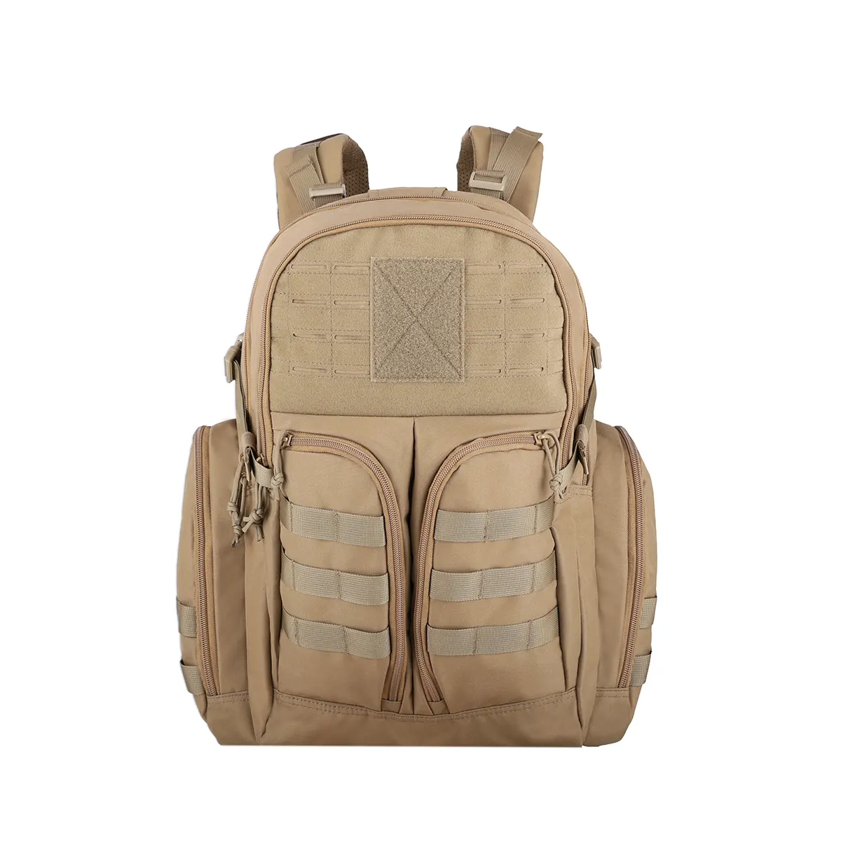 tan tactical backpack with MOLLE webbing