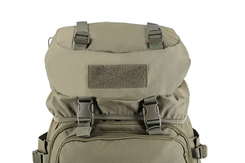 top lid of a large tactical hiking backpack, with velcro area and quick realease buckles