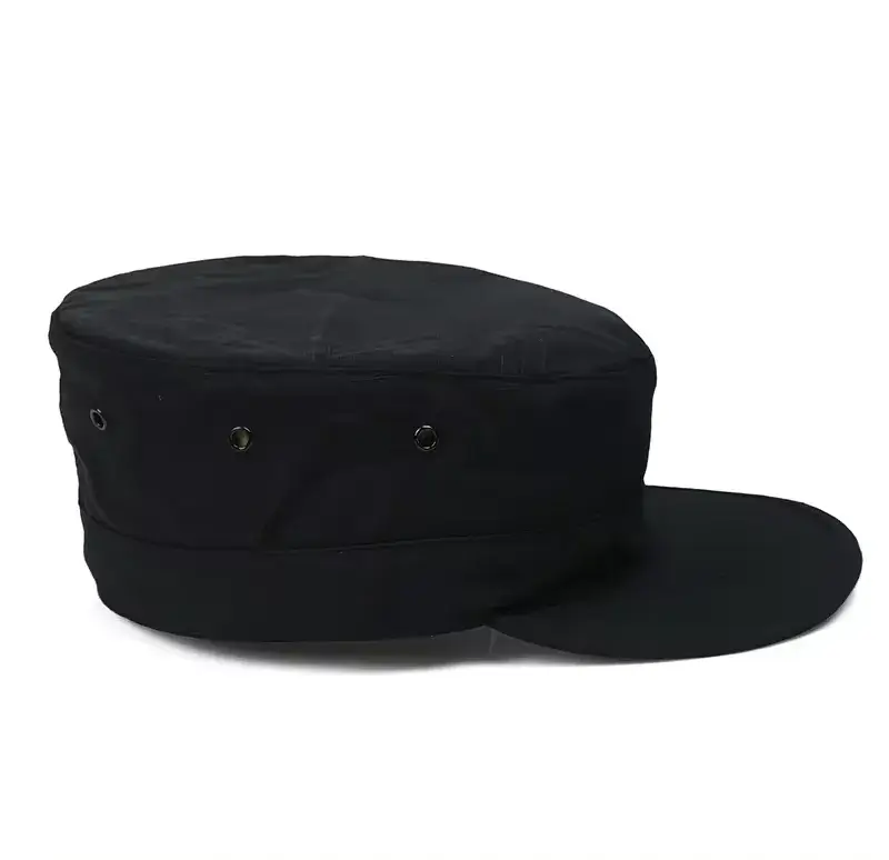Black military-style flat top cap with ventilation eyelets and a curved brim