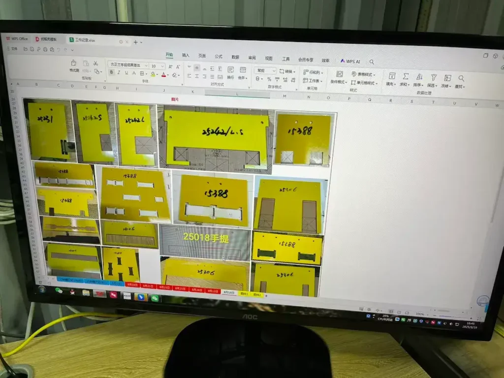 A computer workstation displaying design layouts and cutting patterns for mold production
