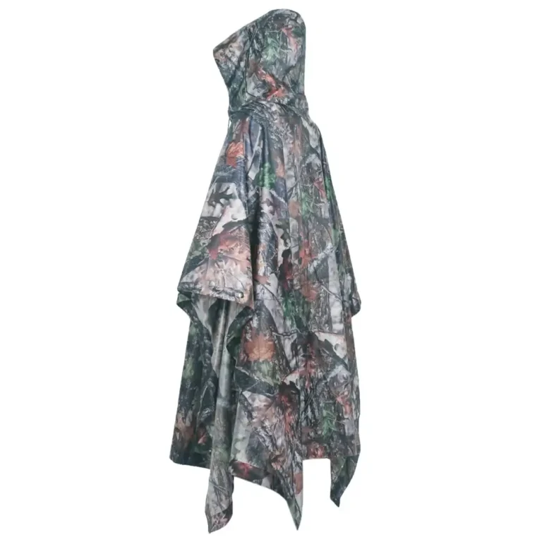 Military poncho with camouflage pattern and hood