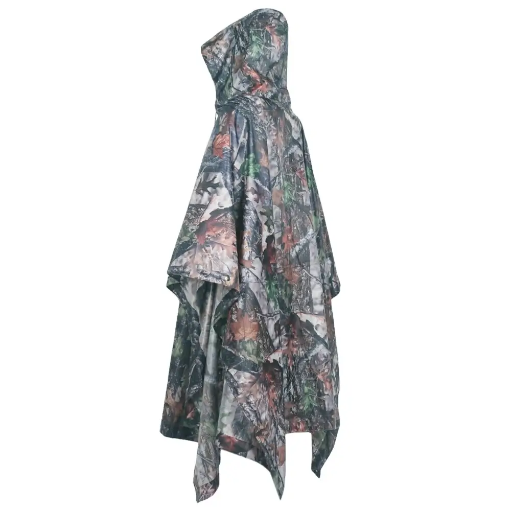 Military poncho with camouflage pattern and hood