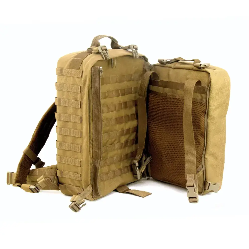 tan tactical bag with side zipper, MOLLE webbing, and quick-release buckles