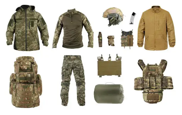 Set of military uniforms, ammunition, an armored vest, and a backpack for things