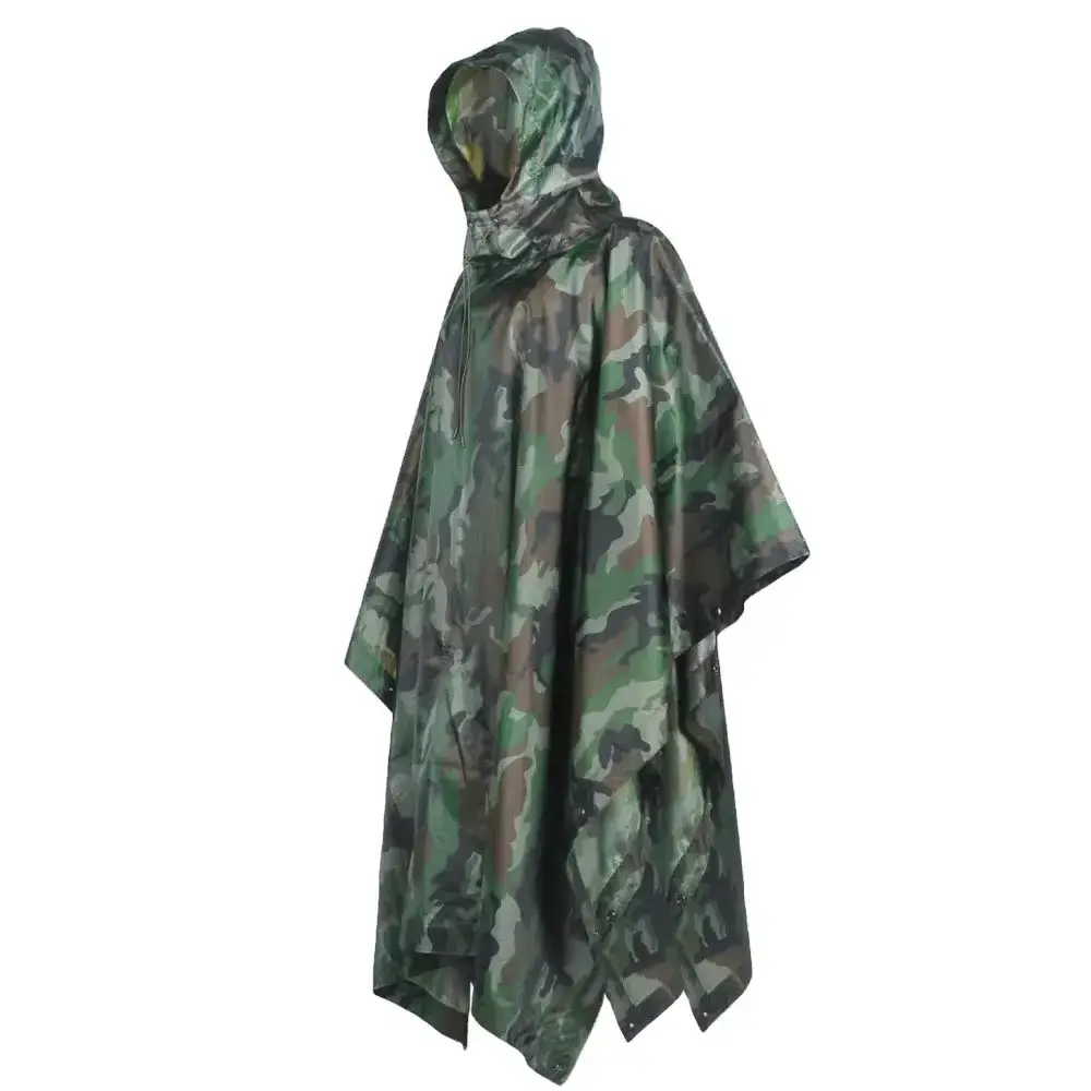 Tactical poncho featuring woodland camouflage