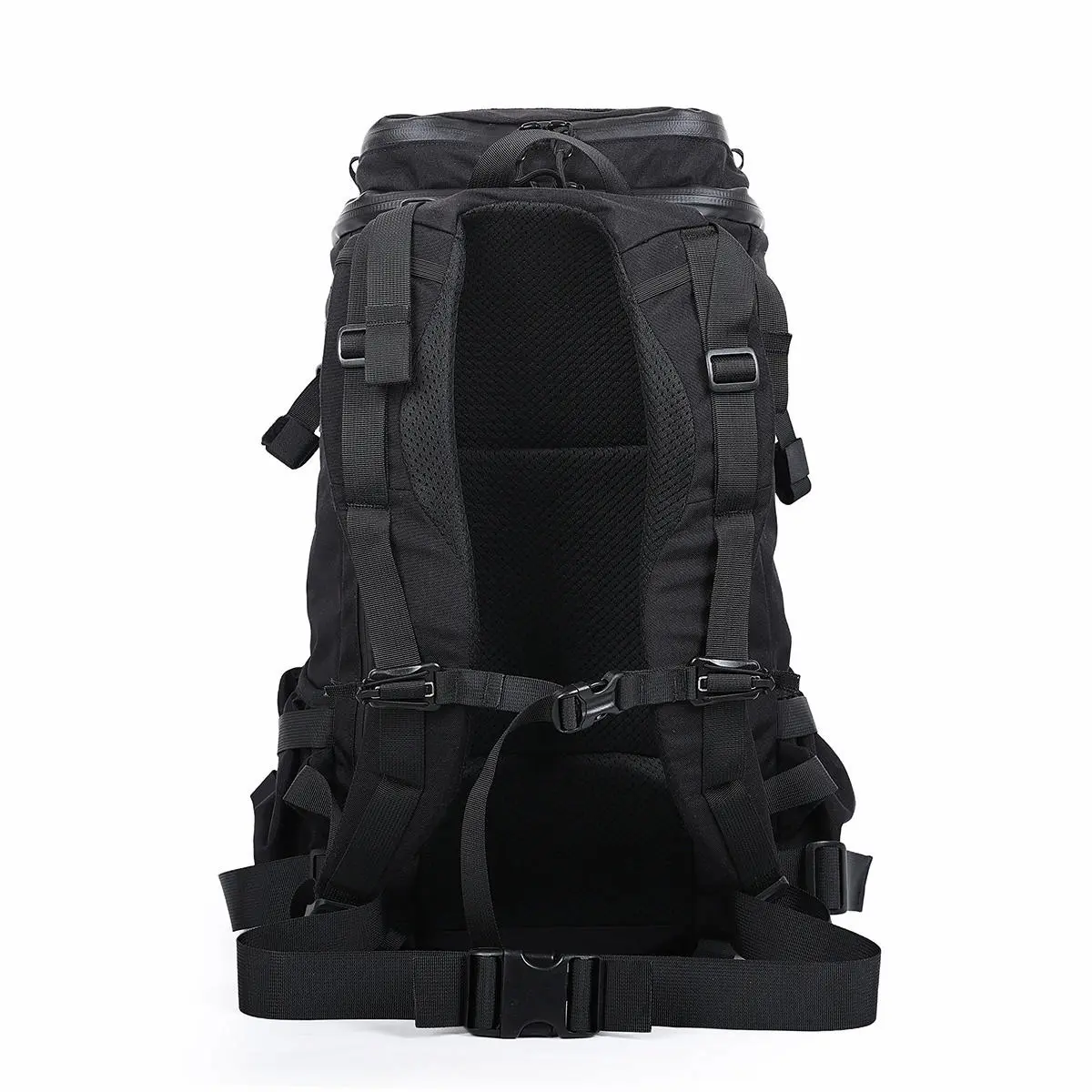Black Tactical Backpack – Back View with Mesh Padding & Adjustable ShoulderWaist Straps